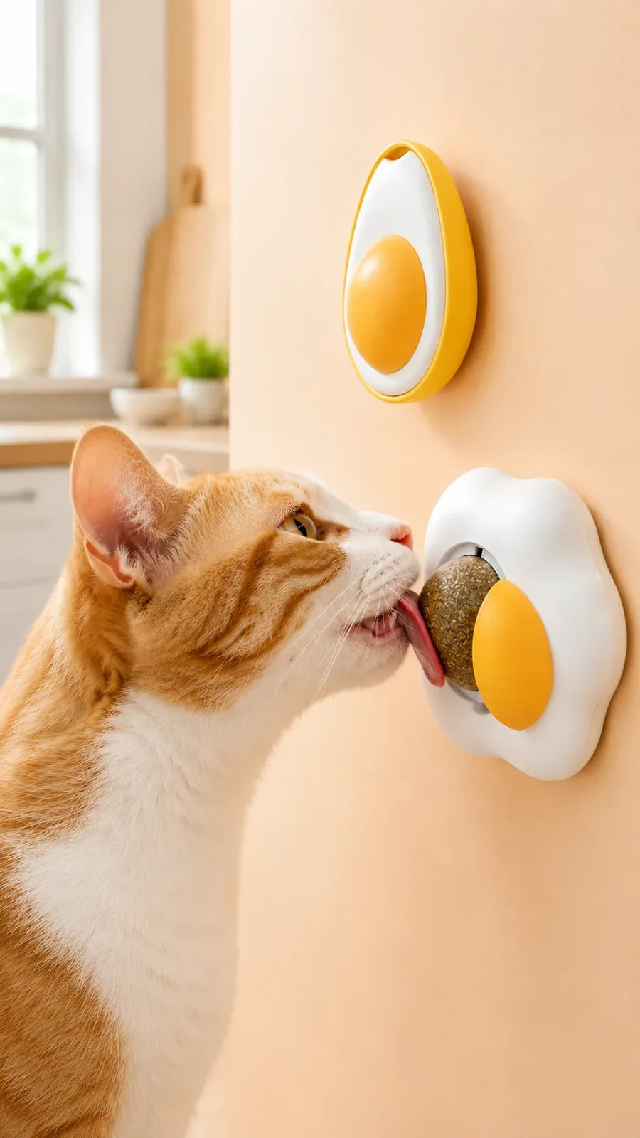 Orange cat enjoying the egg catnip wall ball
