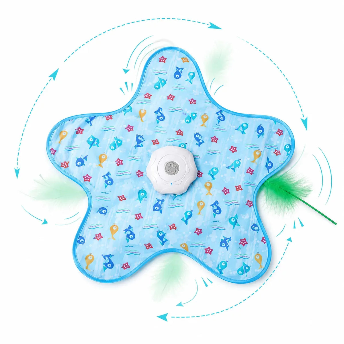 Hide-and-seek feather cat toy mat, star shape with fish print, isolated