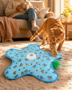 Cat playing the feather hunt mat in the living room