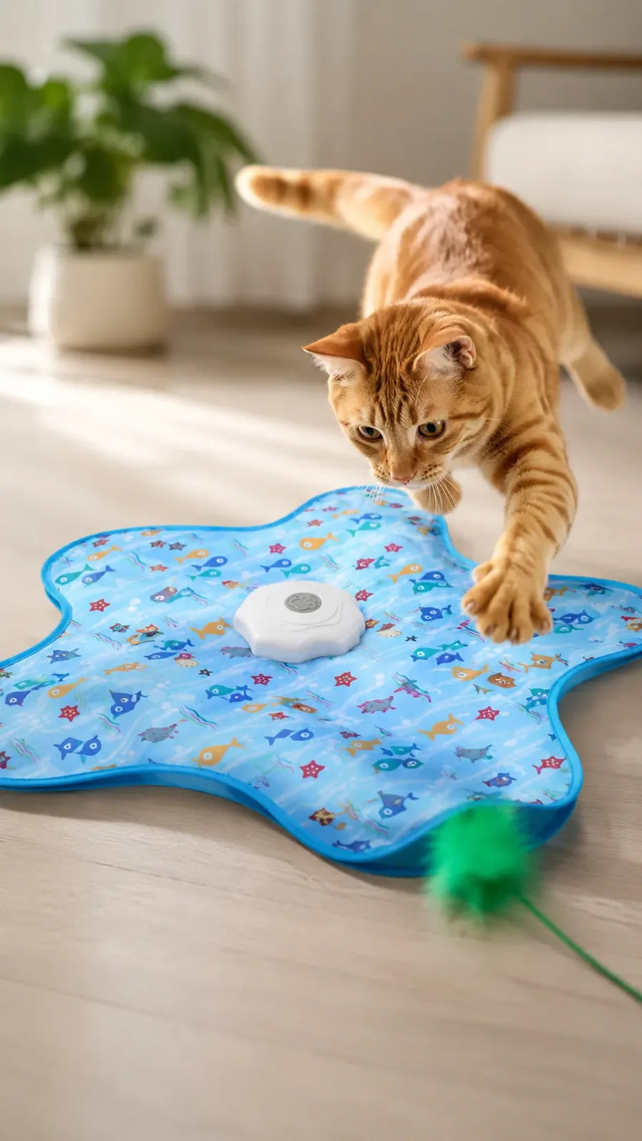 Cat pouncing the moment the hidden feather squeaks