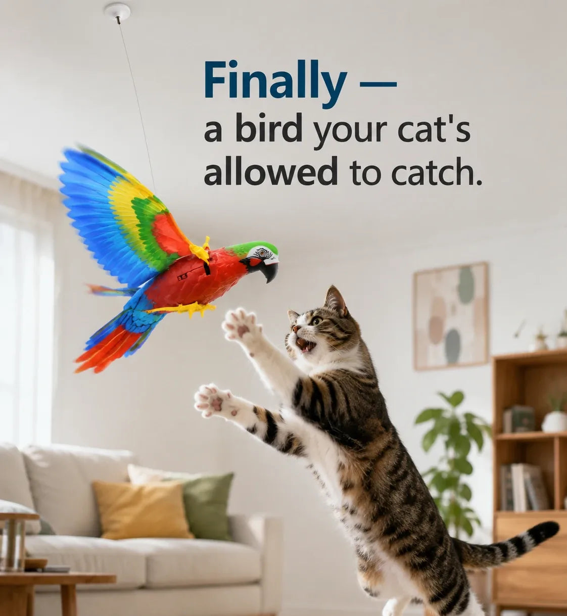 Finally — a bird your cat is allowed to catch; cat leaping at the ceiling-hung parrot