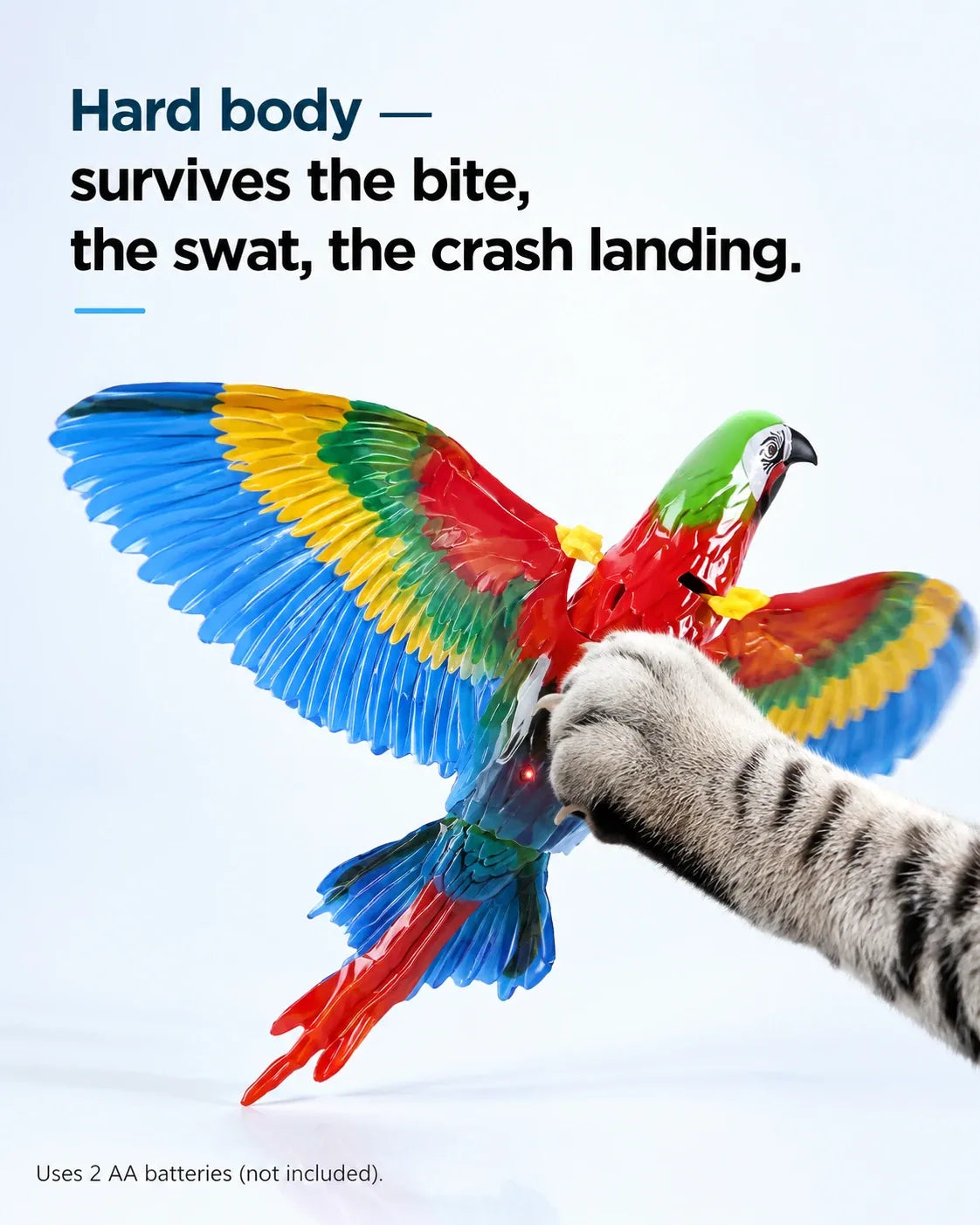Hard body survives the bite, the swat and the crash landing — cat paw grabbing the parrot toy