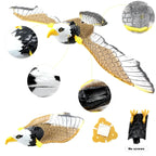 Eagle flying cat toy details — battery compartment, adhesive hook, no screws
