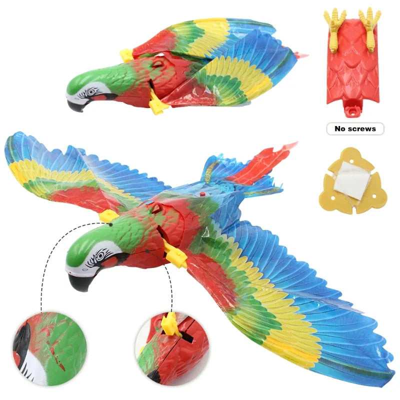 Parrot flying cat toy details — foldable wings, adhesive ceiling hook, no screws