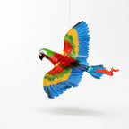 Colorful flying parrot cat toy hanging from its line with wings spread