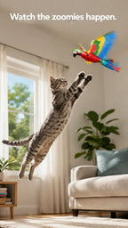 Watch the zoomies happen — cat leaping high after the flying parrot toy