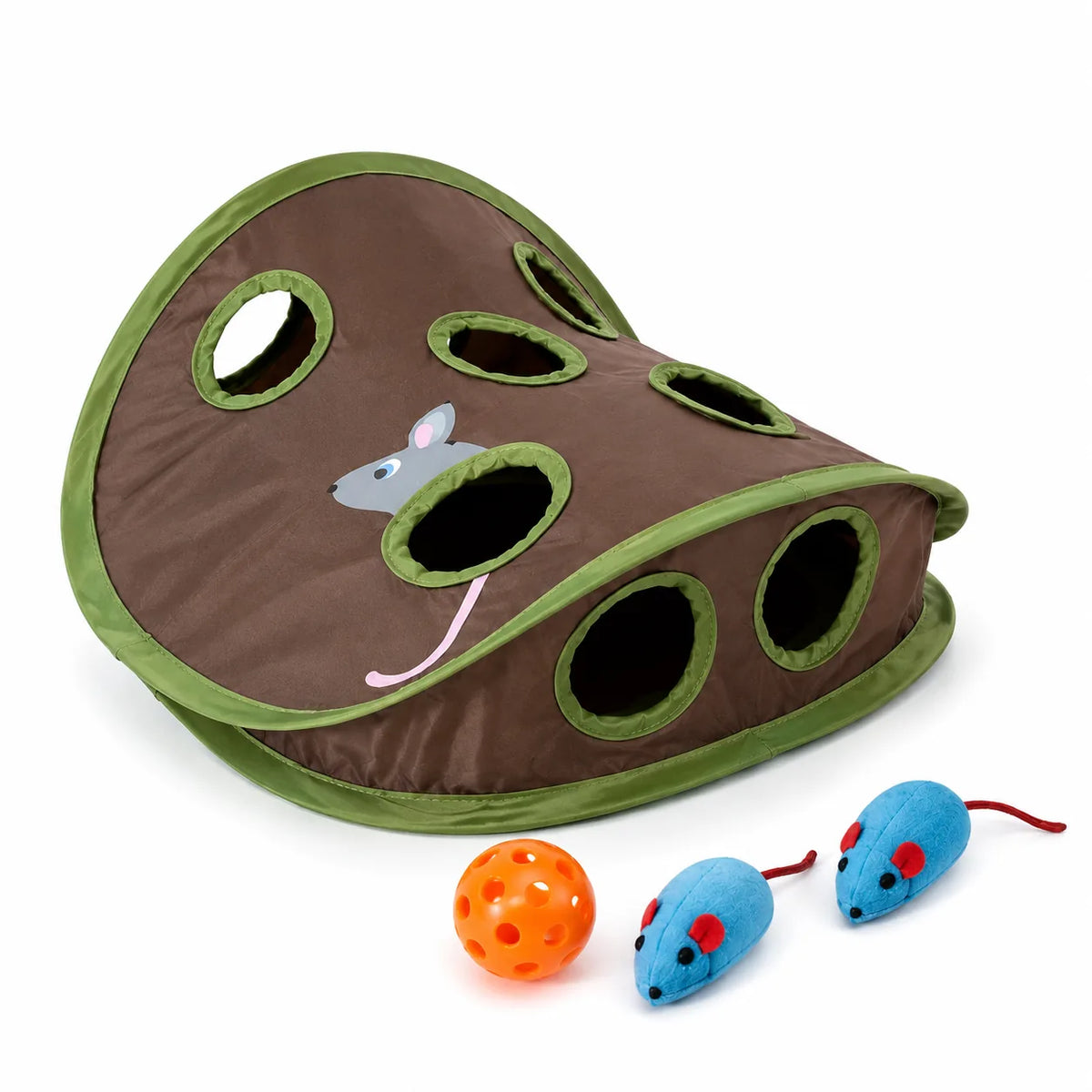 Hide and seek 9-hole mouse hunt board for cats with plush mice and jingle ball