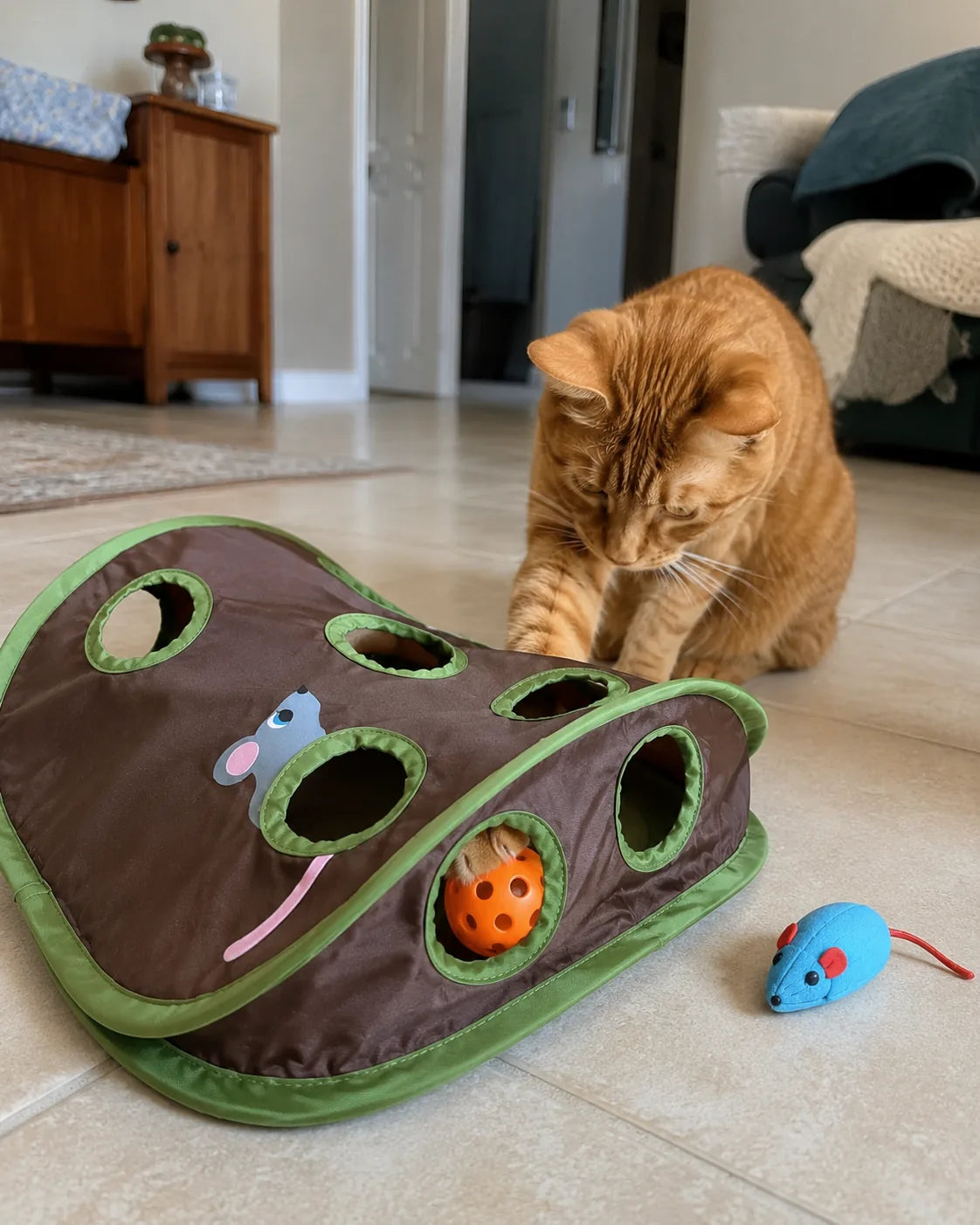 Cat playing with the plush mouse and jingle bell ball lures