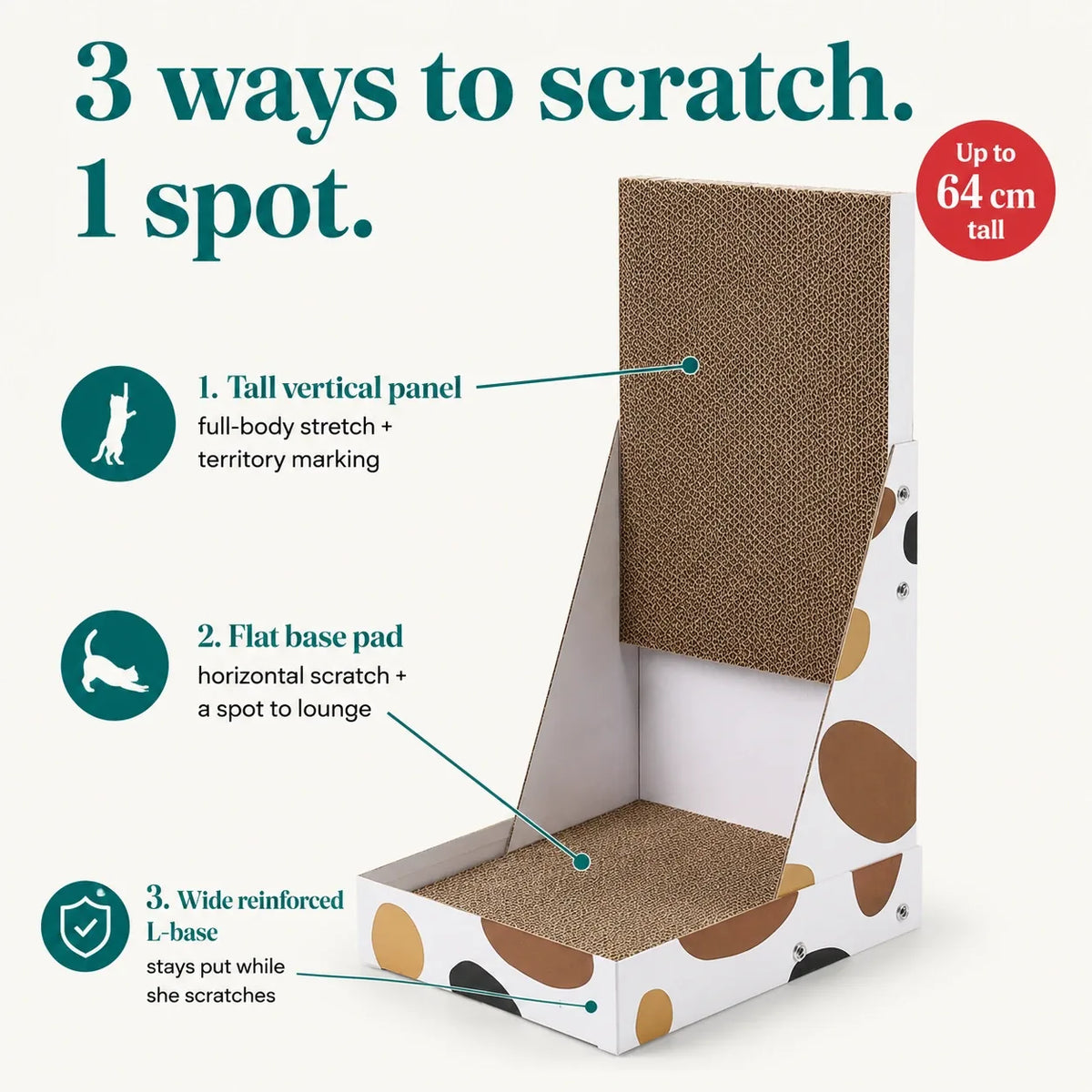 Three ways to use the L-shape cat scratcher: vertical, horizontal and lounge