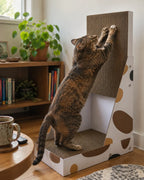 Tall vertical cat scratcher placed beside the couch it protects