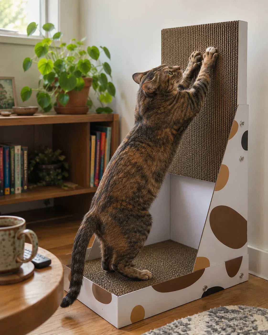 Tall vertical cat scratcher placed beside the couch it protects