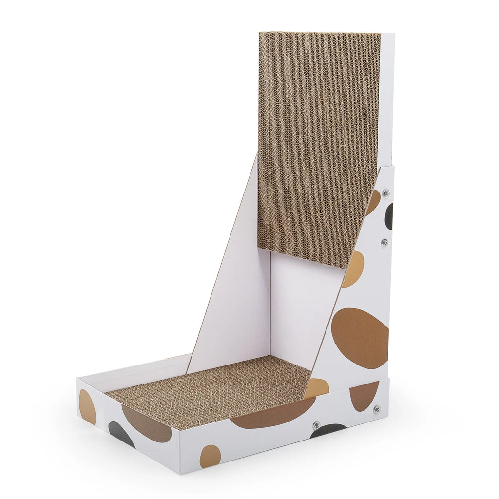 L-shape vertical and floor cardboard cat scratcher, isolated on white