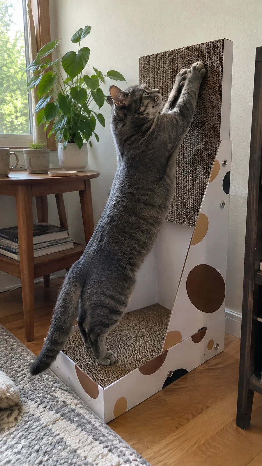 Grey cat shredding the corrugated cardboard of the vertical scratcher