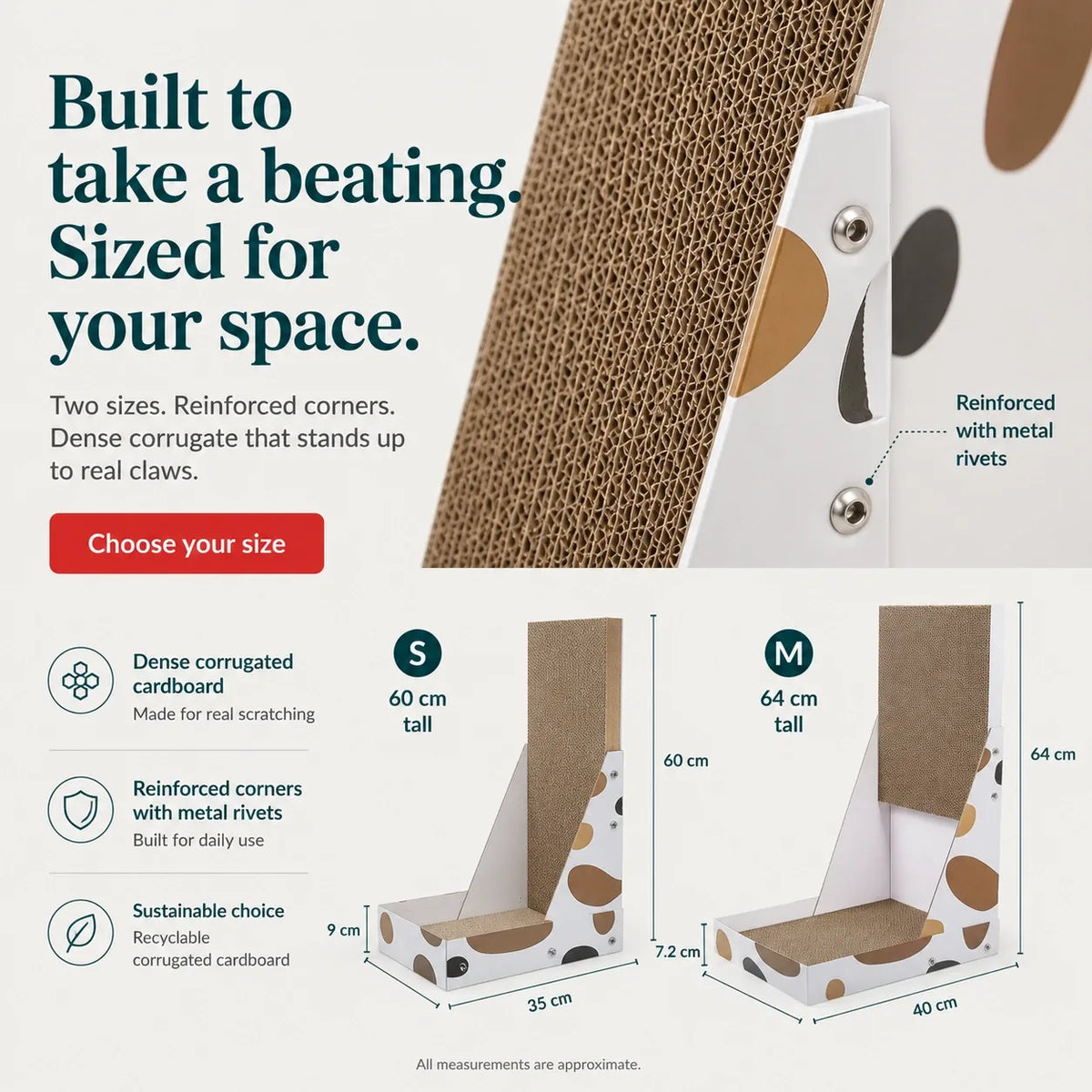 Size guide of the durable L-shape cat scratcher
