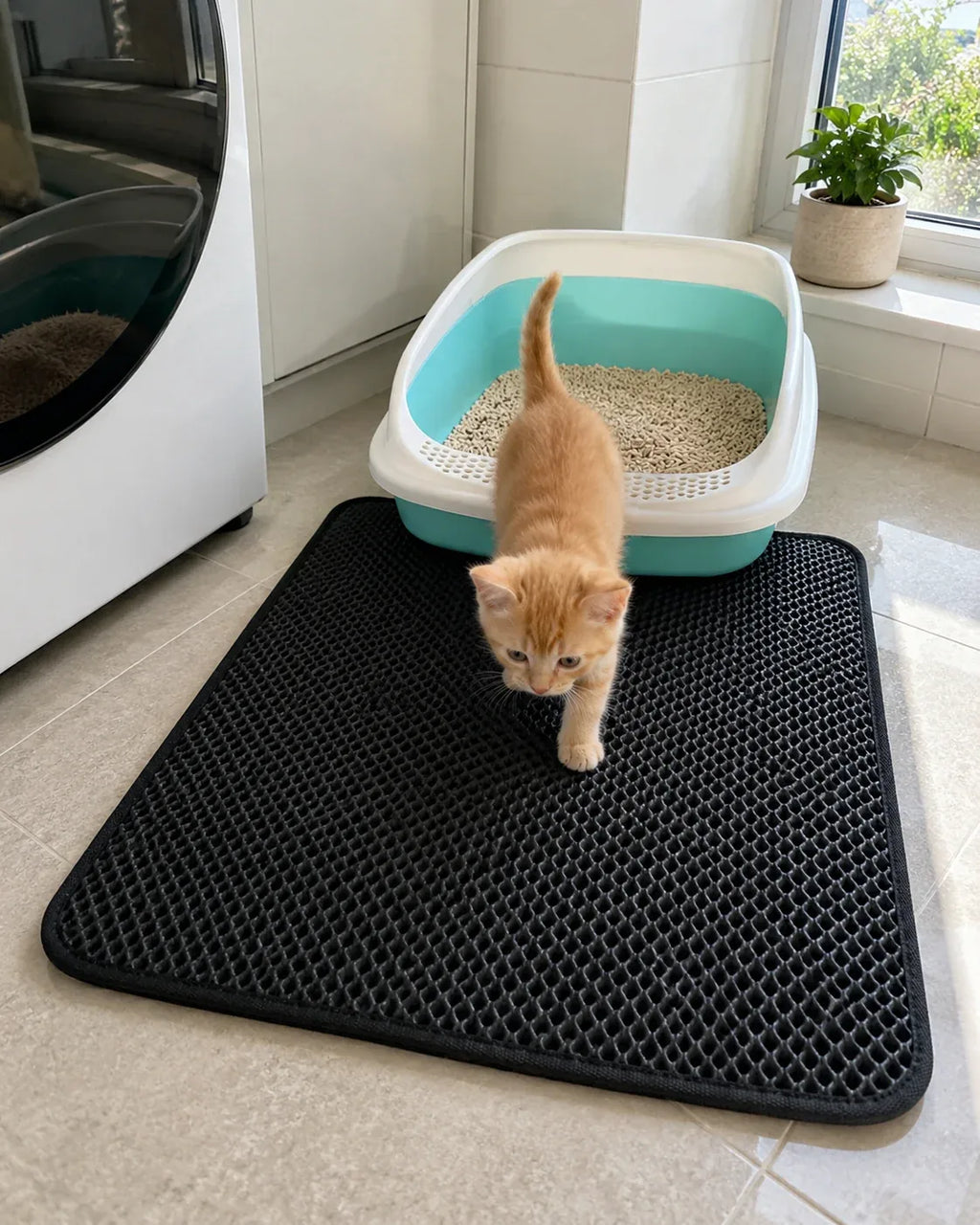 Kitten walking to the litter box over the mat