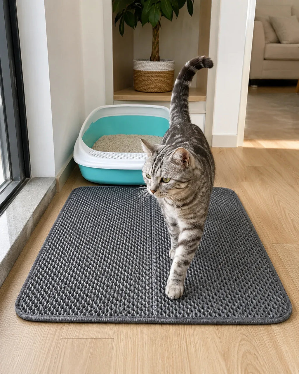 Grey litter mat blending into a living room floor