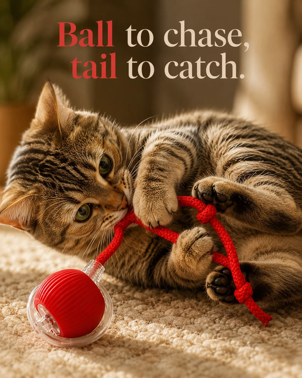 Cat chewing the rope tail of the red motorized ball — clip the tail on for a different hunt