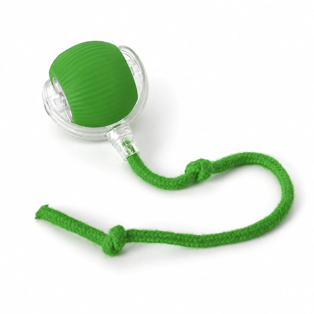 Green motorized cat ball with rope tail on white background