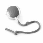 Grey motorized cat ball with rope tail on white background
