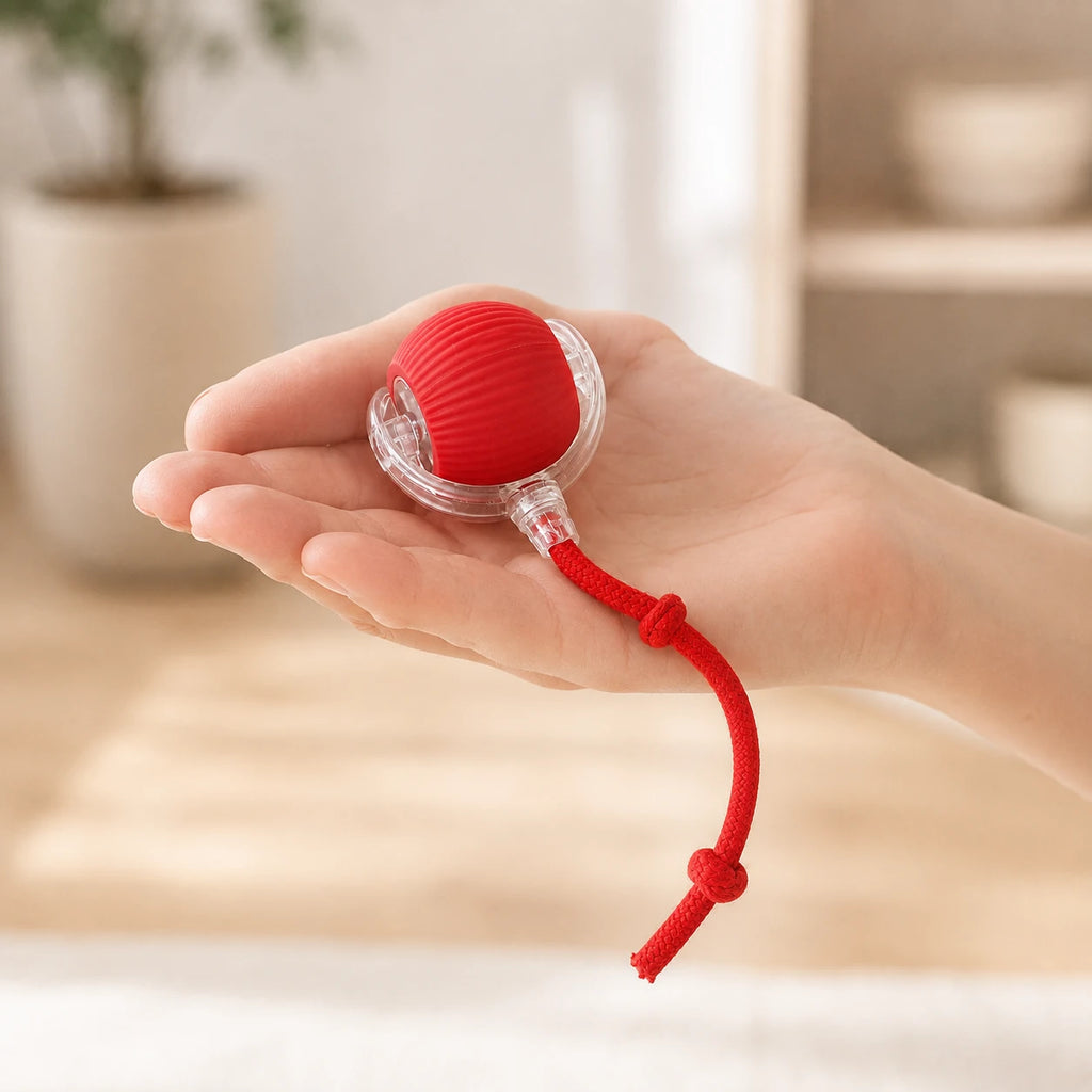Motorized cat ball held in a hand showing its compact size