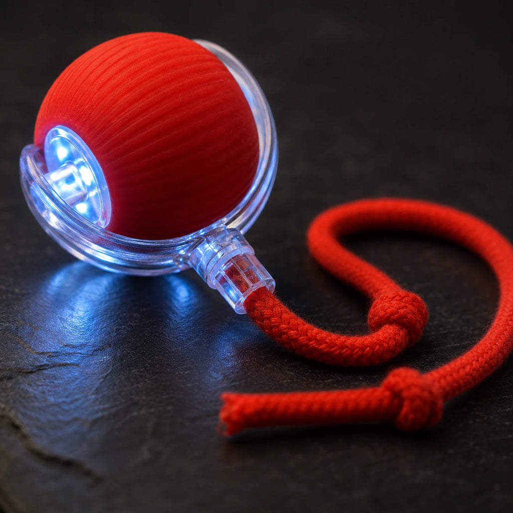 Red motorized cat ball with its LED glowing in the dark