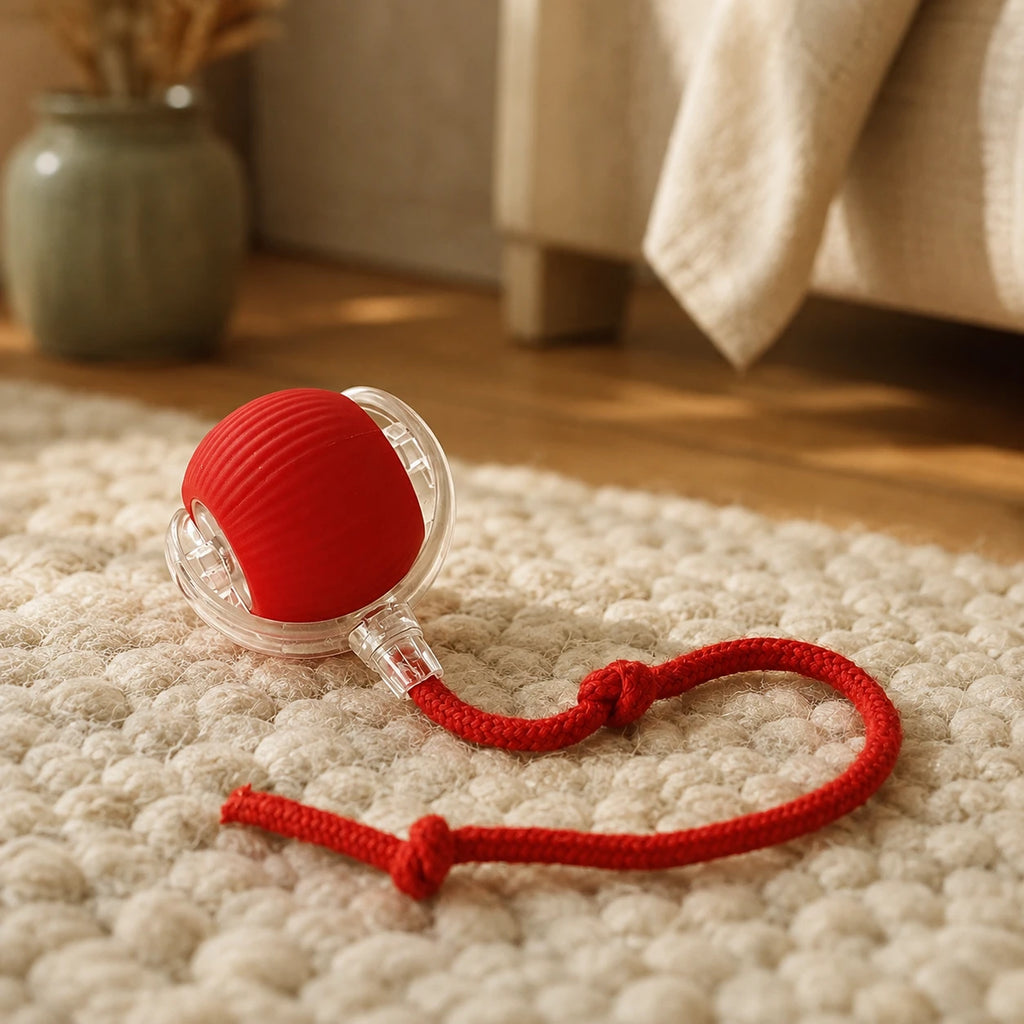 Red motorized cat ball with rope tail resting on a living-room rug