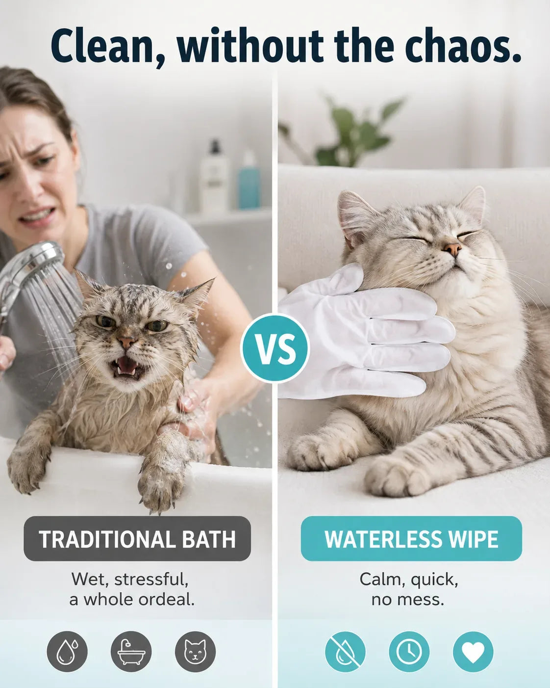 Clean without the chaos — stressful traditional bath versus a calm waterless wipe
