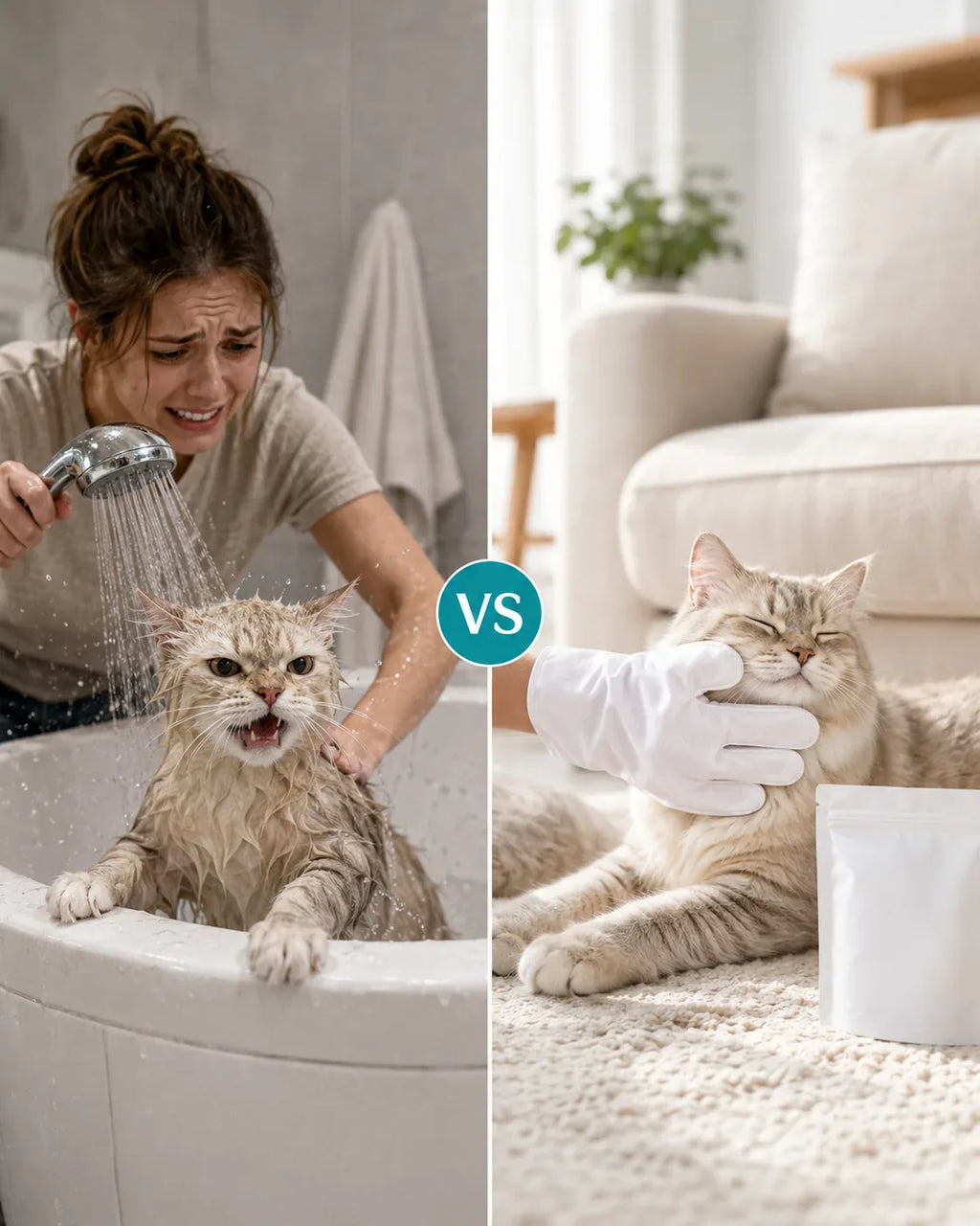 Traditional bath is wet and stressful; the waterless wipe is calm, quick and no mess