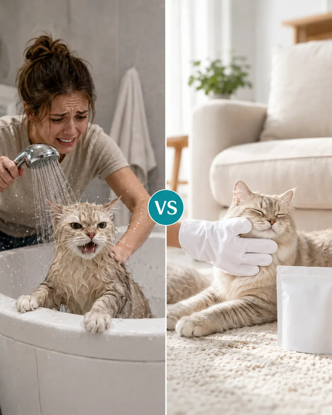 Traditional bath is wet and stressful; the waterless wipe is calm, quick and no mess