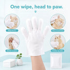 One wipe, head to paw — wiping fur, ears and paws with the no-rinse glove, resealable pouch shown