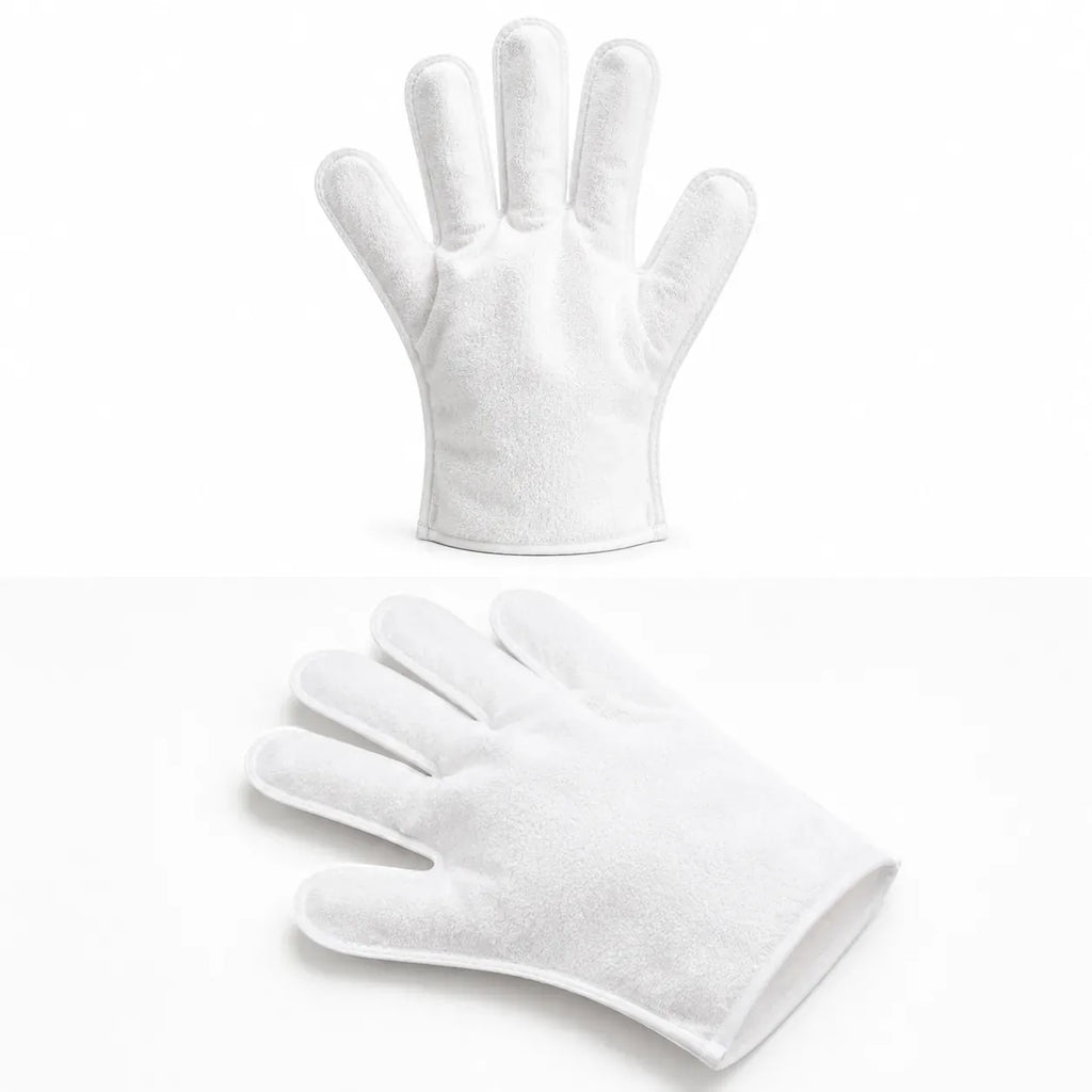 No-rinse cat grooming glove mitts — soft white non-woven wipe gloves, isolated pair