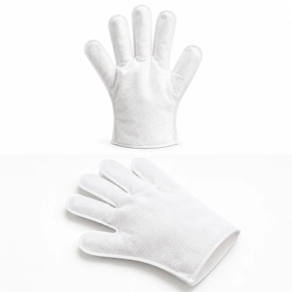 No-rinse cat grooming glove mitts — soft white non-woven wipe gloves, isolated pair