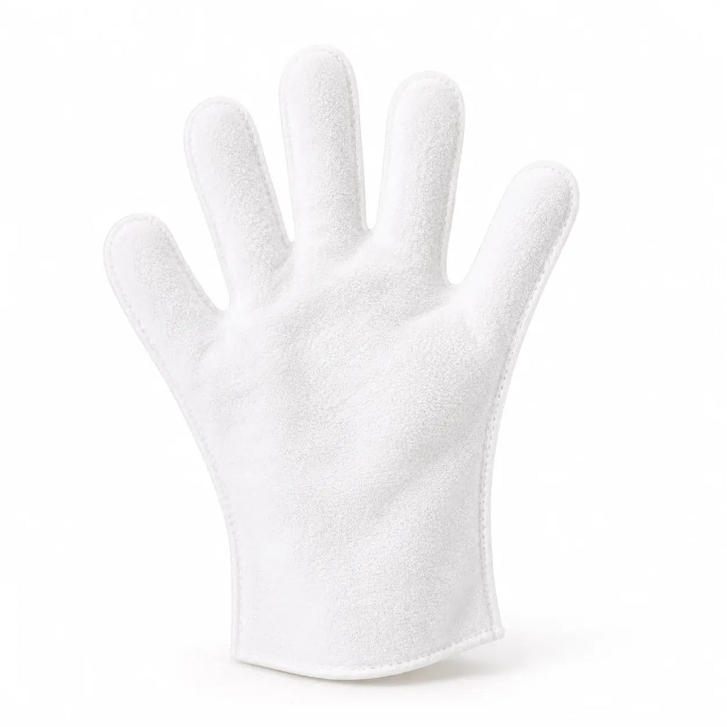 Close-up of the no-rinse grooming glove showing its full five-finger mitt shape