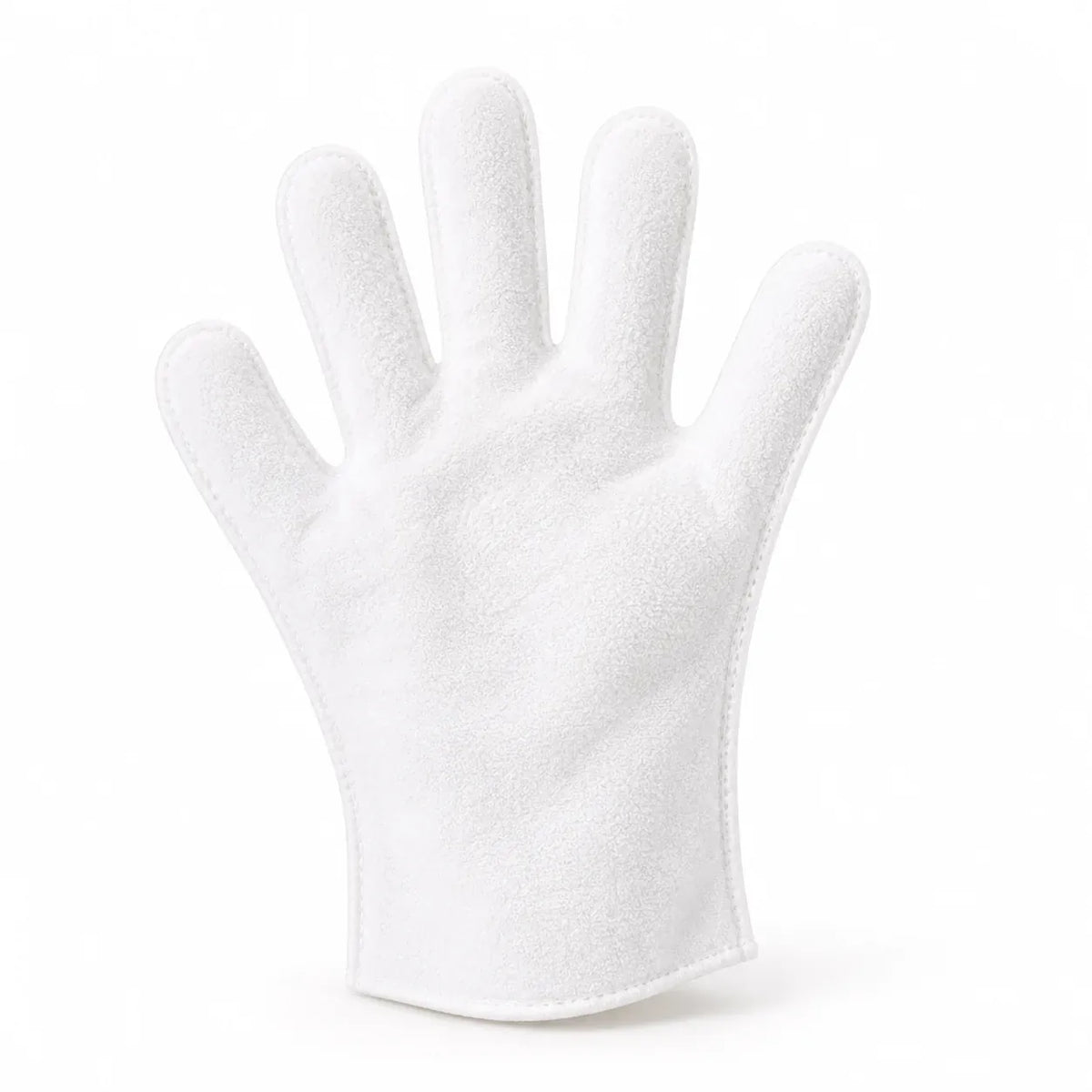 Close-up of the no-rinse grooming glove showing its full five-finger mitt shape