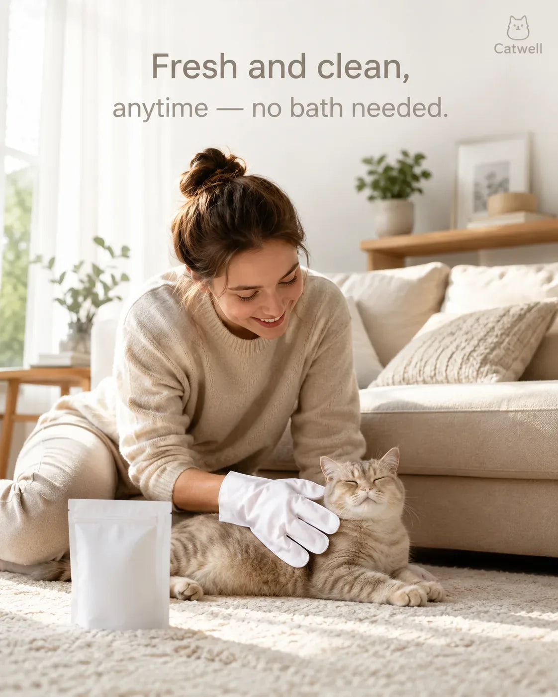 Fresh and clean anytime, no bath needed — owner wiping a cat with the no-rinse glove at home