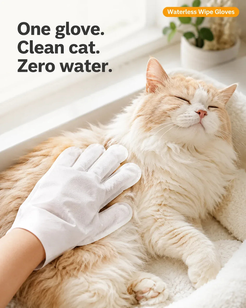 One glove, clean cat, zero water — hand wiping a relaxed ginger cat with the waterless glove