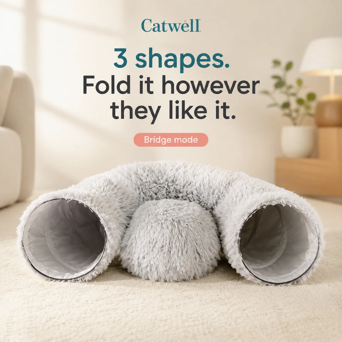 Plush cat tunnel folded into bridge mode — one of three shapes