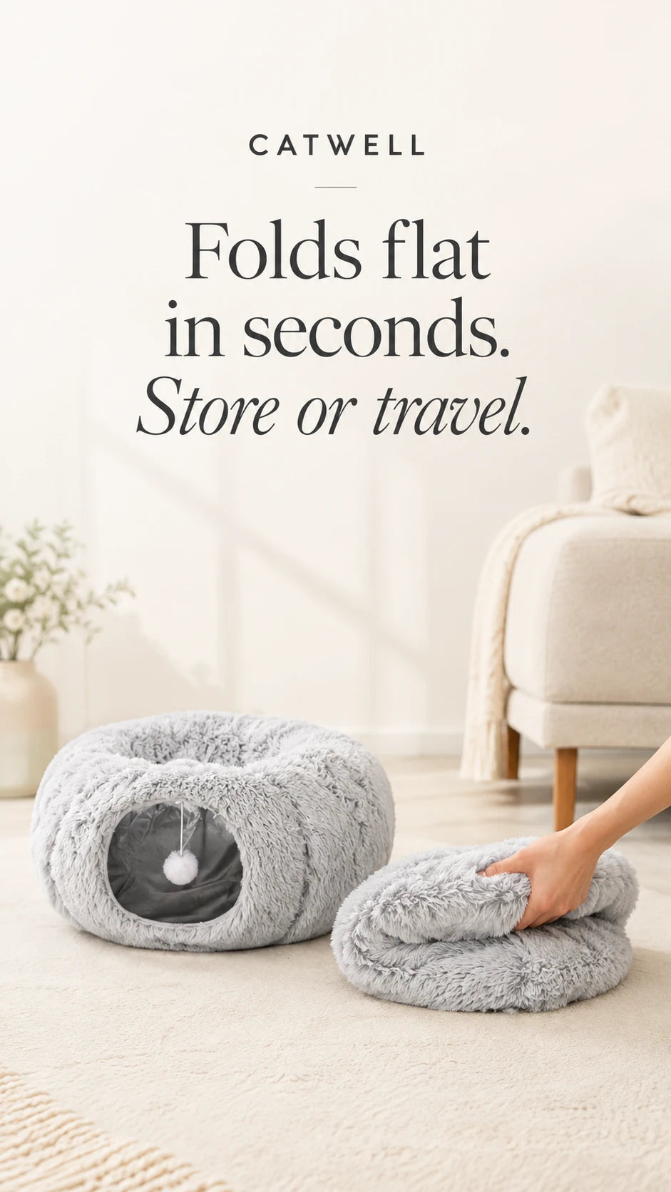 The plush donut cat bed folds flat in seconds for storage or travel