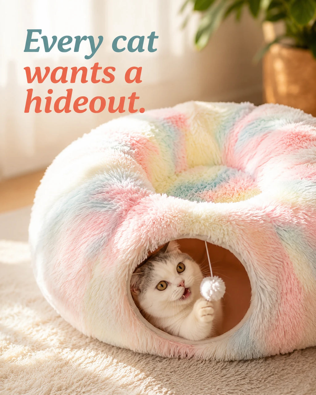 Every cat wants a hideout — kitten playing inside the rainbow plush tunnel bed