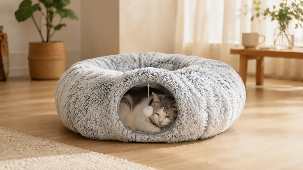 Grey plush donut cat tunnel bed in a sunny living room with a cat resting inside