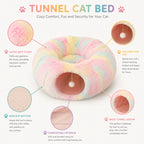 Rainbow plush donut cat tunnel bed with feature callouts — ultra soft plush, pom-pom toy, non-slip bottom, wide tunnel
