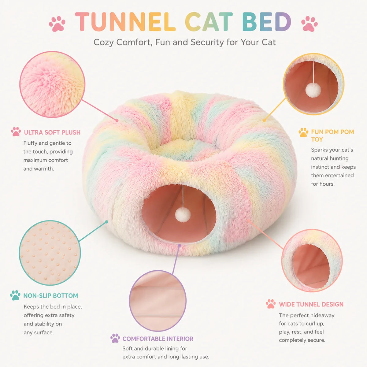 Rainbow plush donut cat tunnel bed with feature callouts — ultra soft plush, pom-pom toy, non-slip bottom, wide tunnel