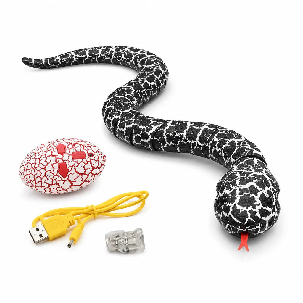 Black marbled remote control snake with red egg handset, USB cable and connector
