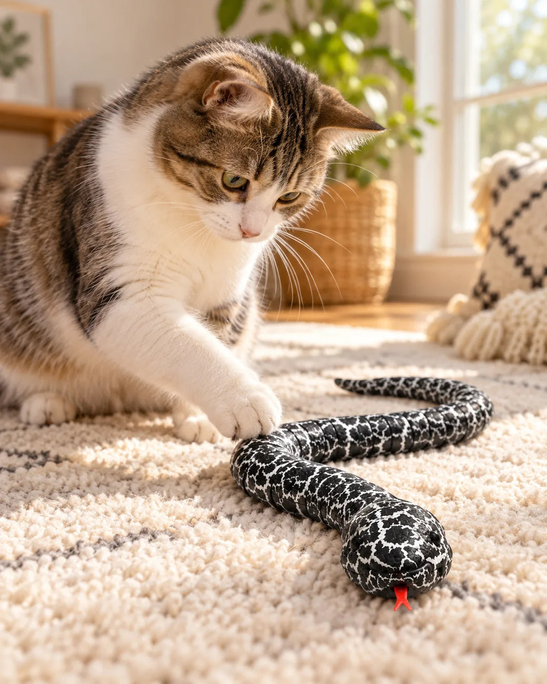 Tabby cat pawing at the black marbled remote control snake on a cream rug