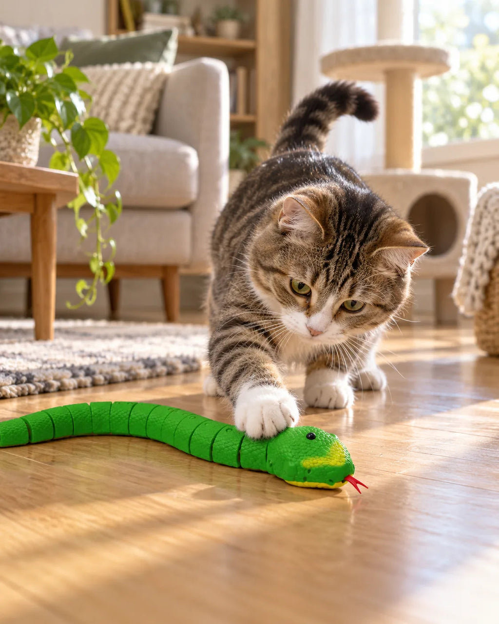 Cat reaching out to touch the green remote control snake on a wooden floor