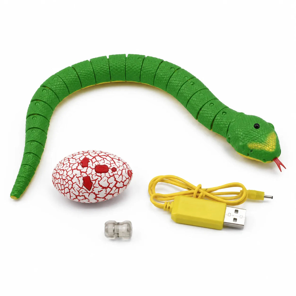 Green remote control snake with red egg handset, USB cable and connector