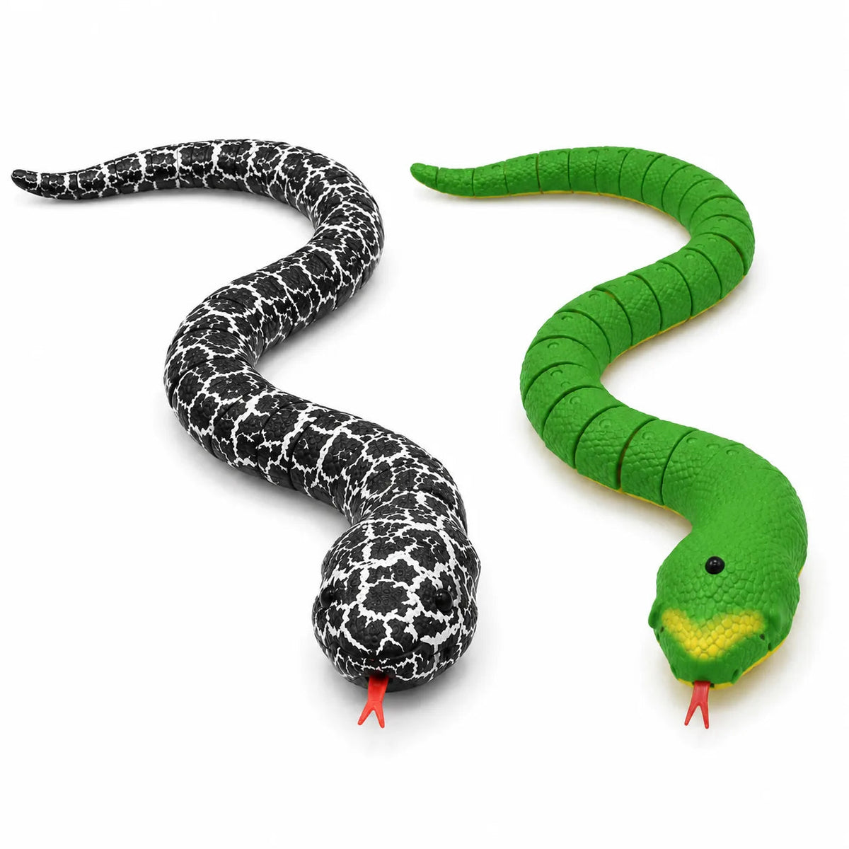Remote control rattlesnake cat toy in both colorways — black marbled and green — isolated on white
