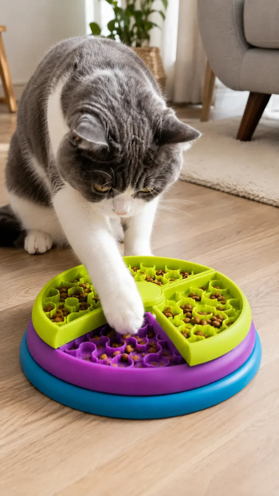 Gray cat pawing kibble out of the rotating puzzle feeder