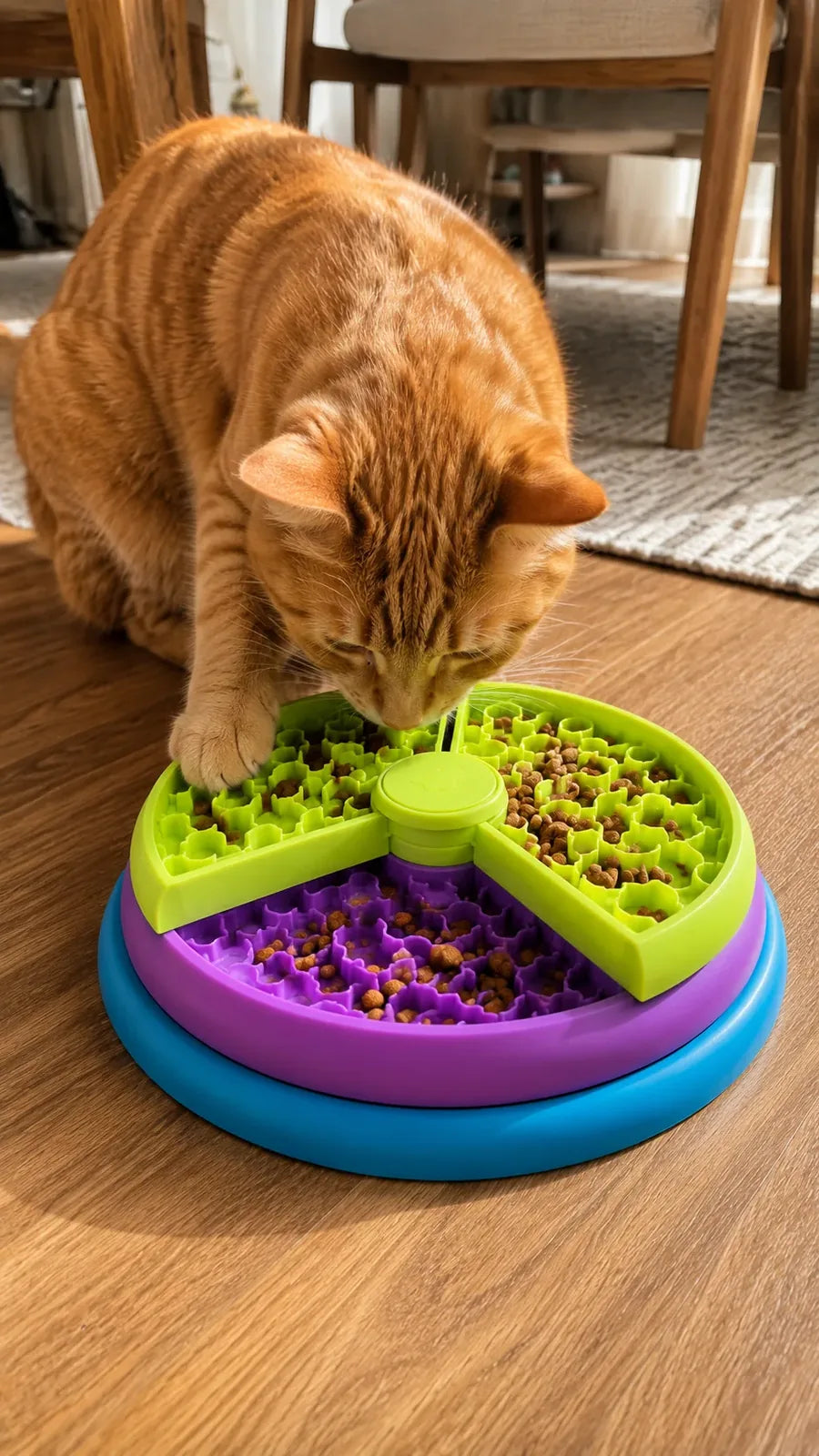 Orange cat eating a meal from the rotating slow feeder bowl