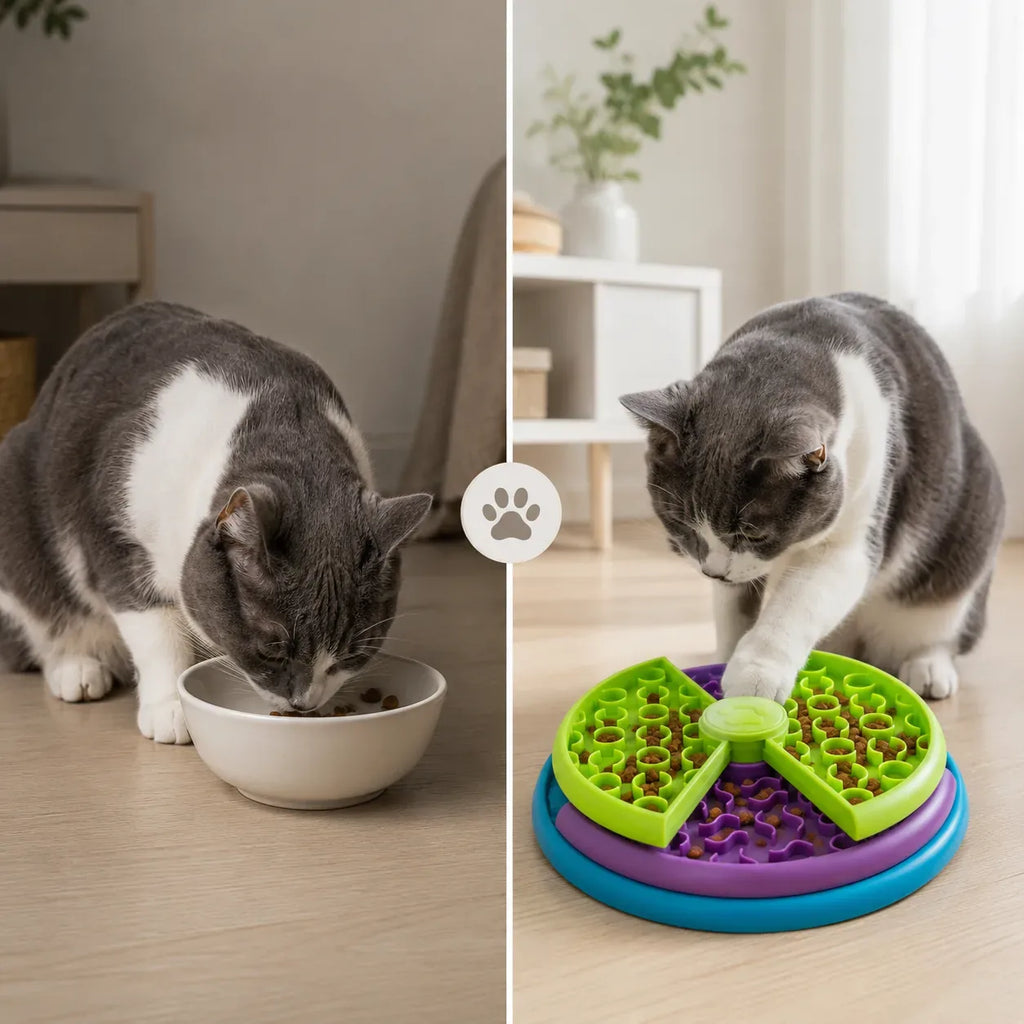 Cat gulping from a normal bowl vs working the rotating slow feeder